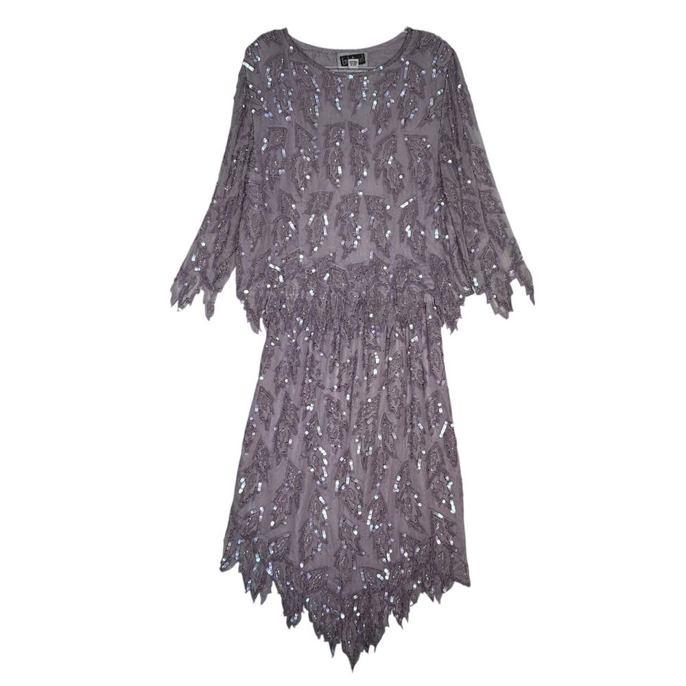 Vintage 1980s Emily Daniel Silk Beaded Sequin Leaf Hem Top Skirt Set Large - Picture 2 of 16